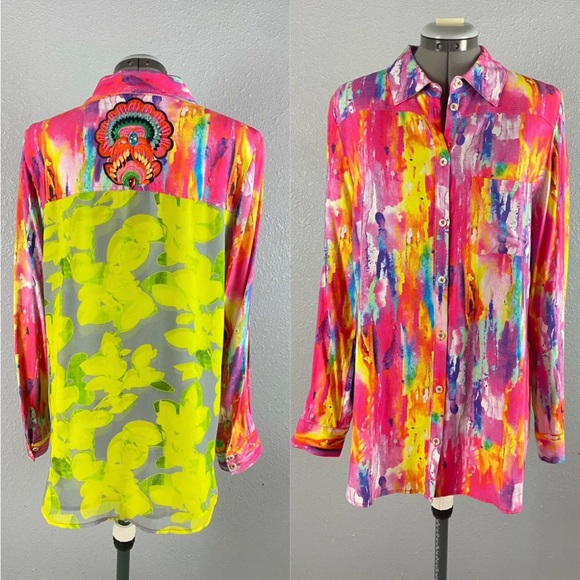 Soft Surroundings Bright Multi Colored Embroidered Beaded Button Down Shirt, 2X - Picture 3 of 5